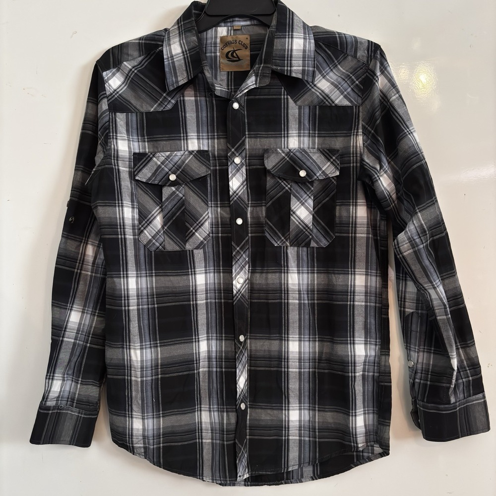 Western Pearl Snap Shirt Mens M Long Sleeve Plaid Black/White Rodeo COEVALS CLUB